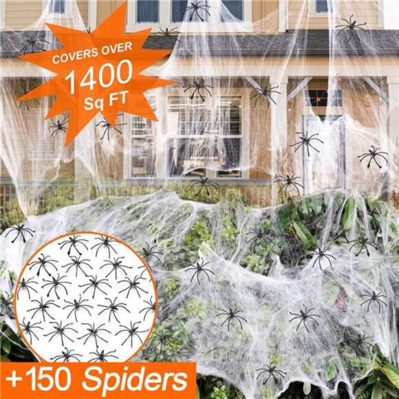1400 sqft Halloween Spider Web Decorations with 150 Extra Fake Spiders - Picture 3 of 7